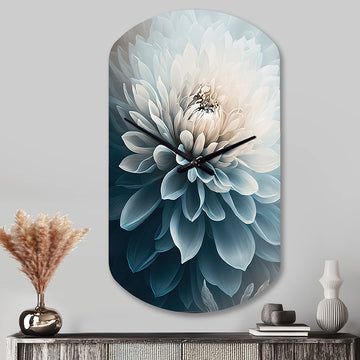 Dahlia Flowers Blue And White I - Asymmetric Metal Wall Clock